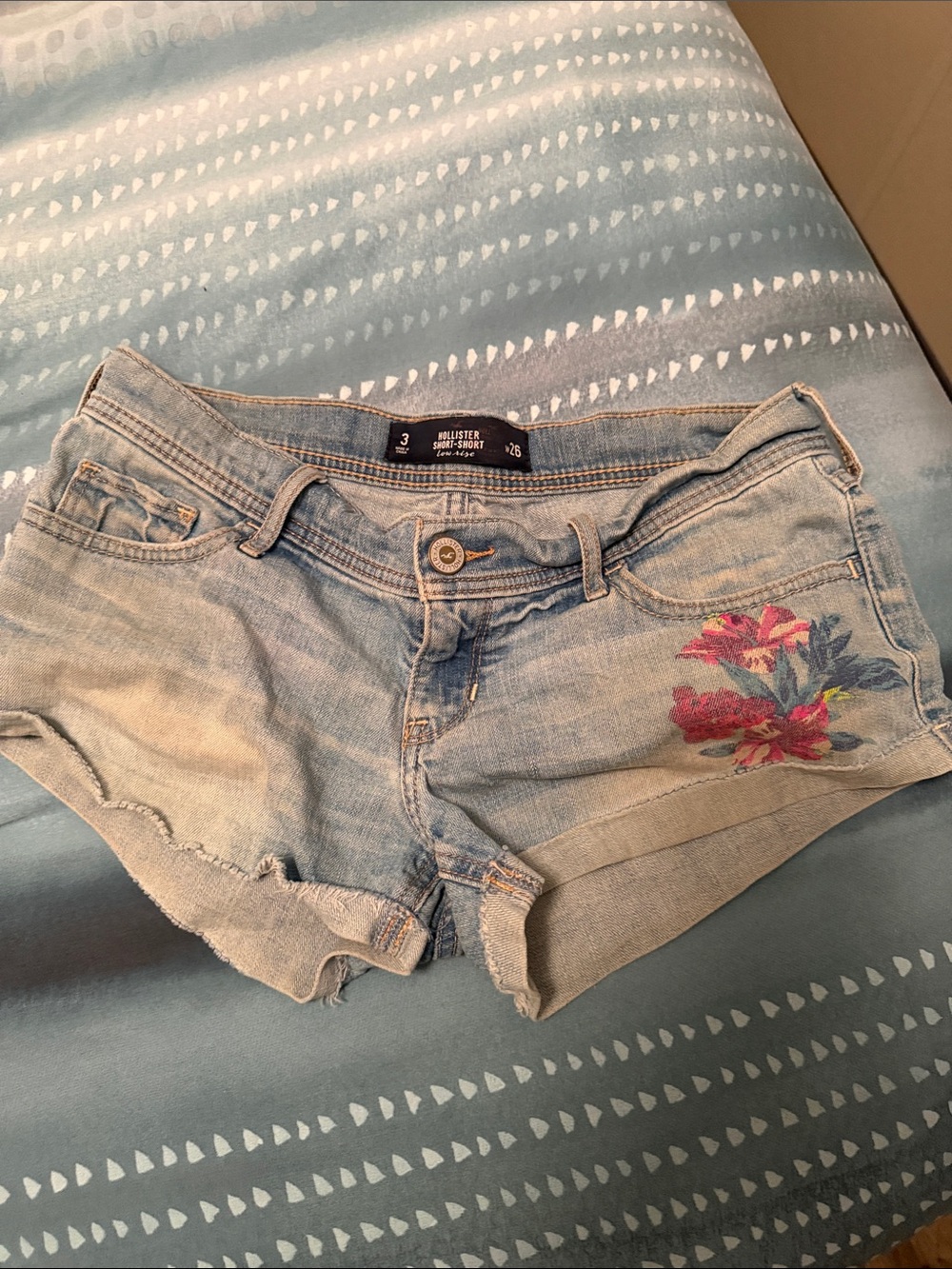 Hollister Light Blue Denim Shorts with Floral Embroidery
